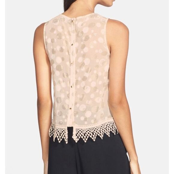 ASTR Blouse Womens Size XS Cream Gold Metallic Polka Dot Crochet Hem Button Back - Picture 2 of 10